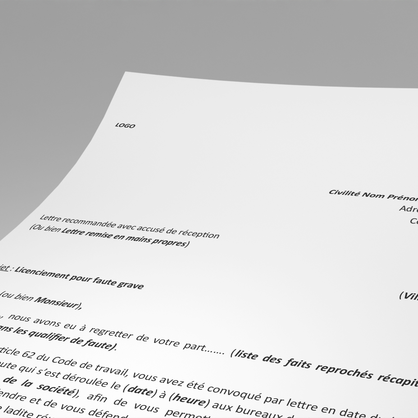 Template letter of dismissal for serious misconduct « in French »